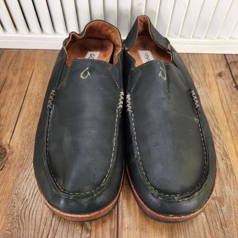 Olukai Moloa Leather Slip On Shoes Mens Sz 10 Black Brown Casual Moc Toe Loafers